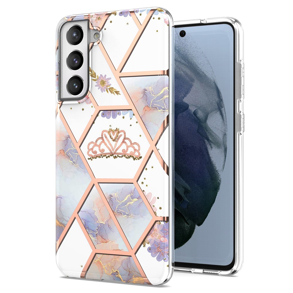 2.0mm IMD IML Electroplating Marble Phone Case Flower Pattern Shell for Samsung Galaxy S21 5G - Marble/Crown-1