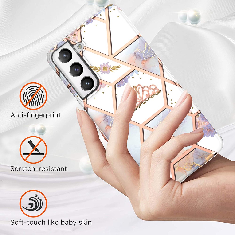 2.0mm IMD IML Electroplating Marble Phone Case Flower Pattern Shell for Samsung Galaxy S21 5G - Marble/Crown-5