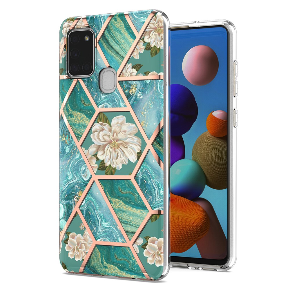 2.0mm IMD IML Electroplating Marble Flower Phone TPU Case for Samsung Galaxy A21s - Green Marble/Flower-1