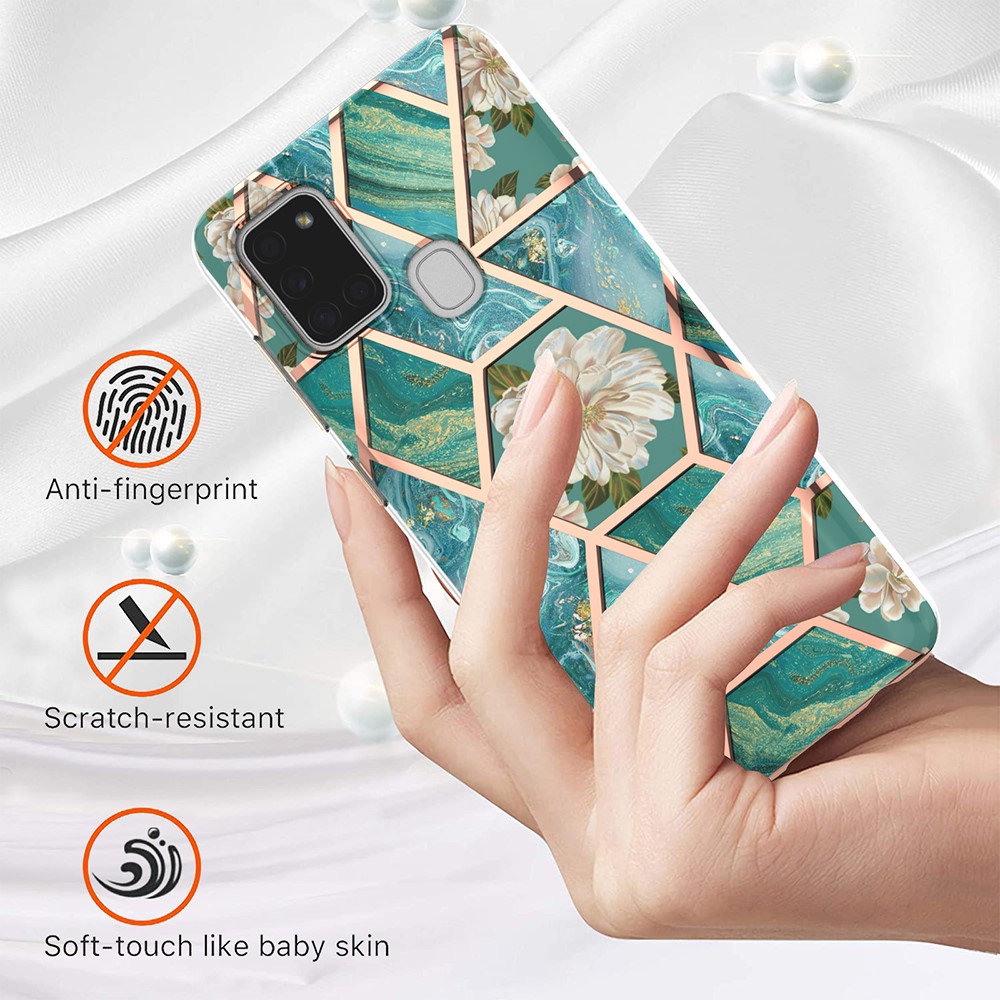 2.0mm IMD IML Electroplating Marble Flower Phone TPU Case for Samsung Galaxy A21s - Green Marble/Flower-2
