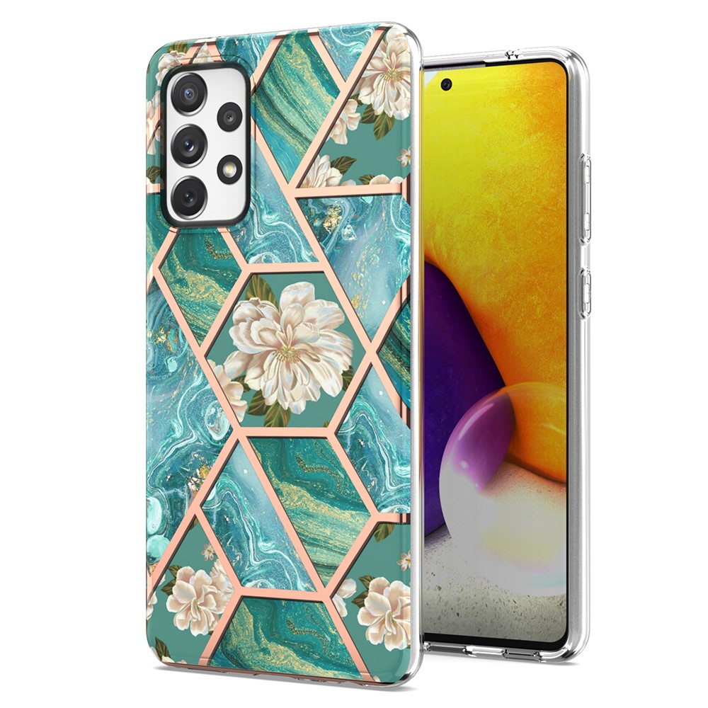 Electroplating Marble Shell 2.0mm IMD IML Flower Pattern Phone Case for Samsung Galaxy A72 4G/5G - Green Marble/Flower-1
