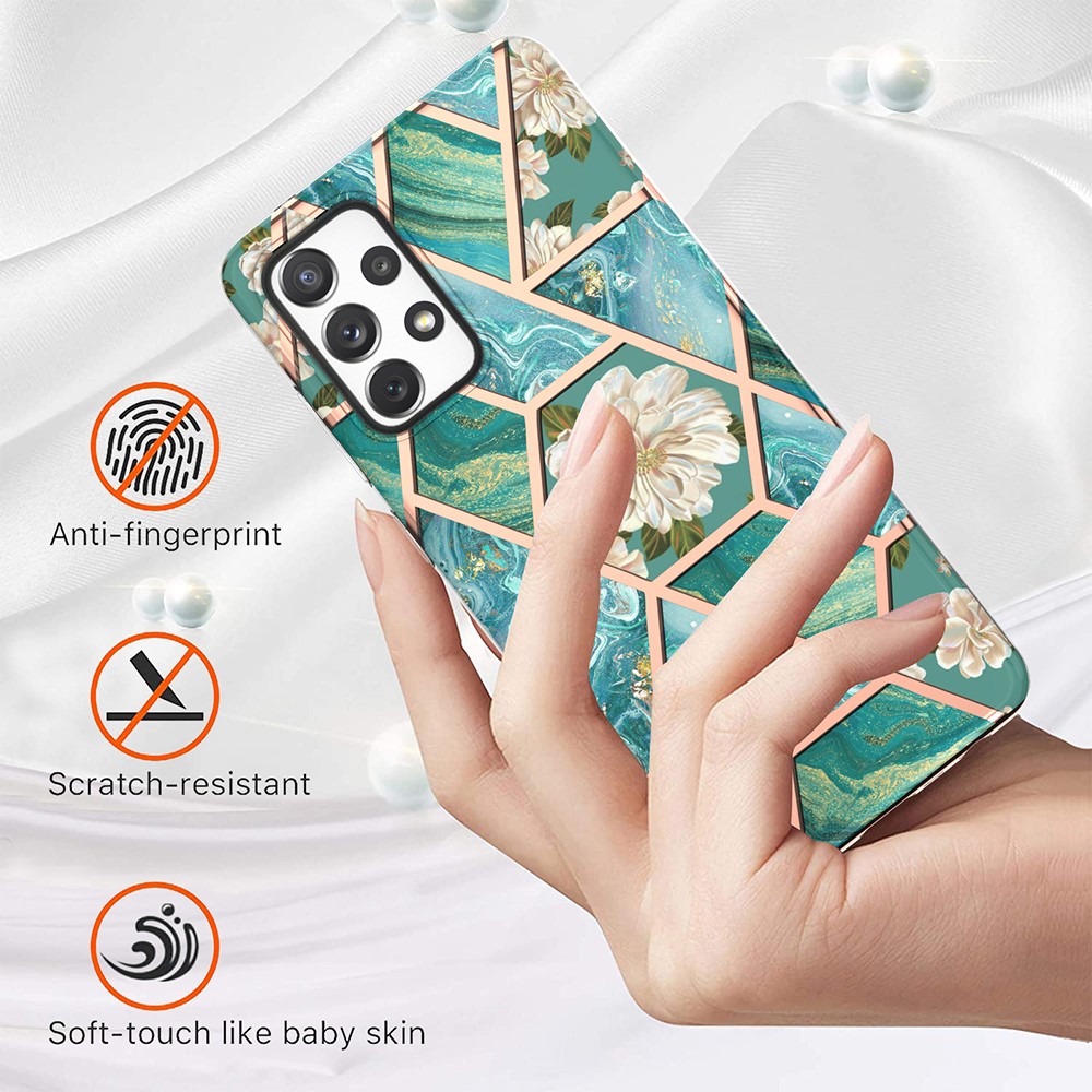 Electroplating Marble Shell 2.0mm IMD IML Flower Pattern Phone Case for Samsung Galaxy A72 4G/5G - Green Marble/Flower-2