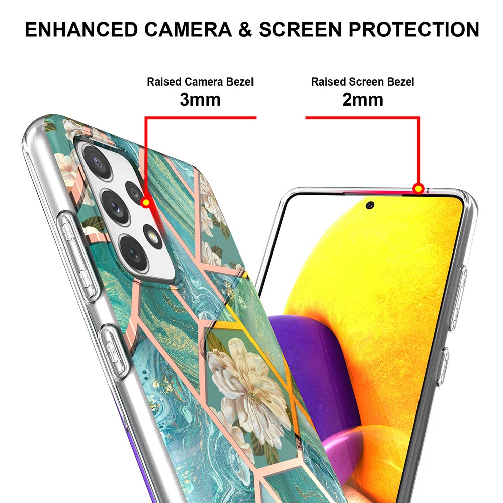 Electroplating Marble Shell 2.0mm IMD IML Flower Pattern Phone Case for Samsung Galaxy A72 4G/5G - Green Marble/Flower-4