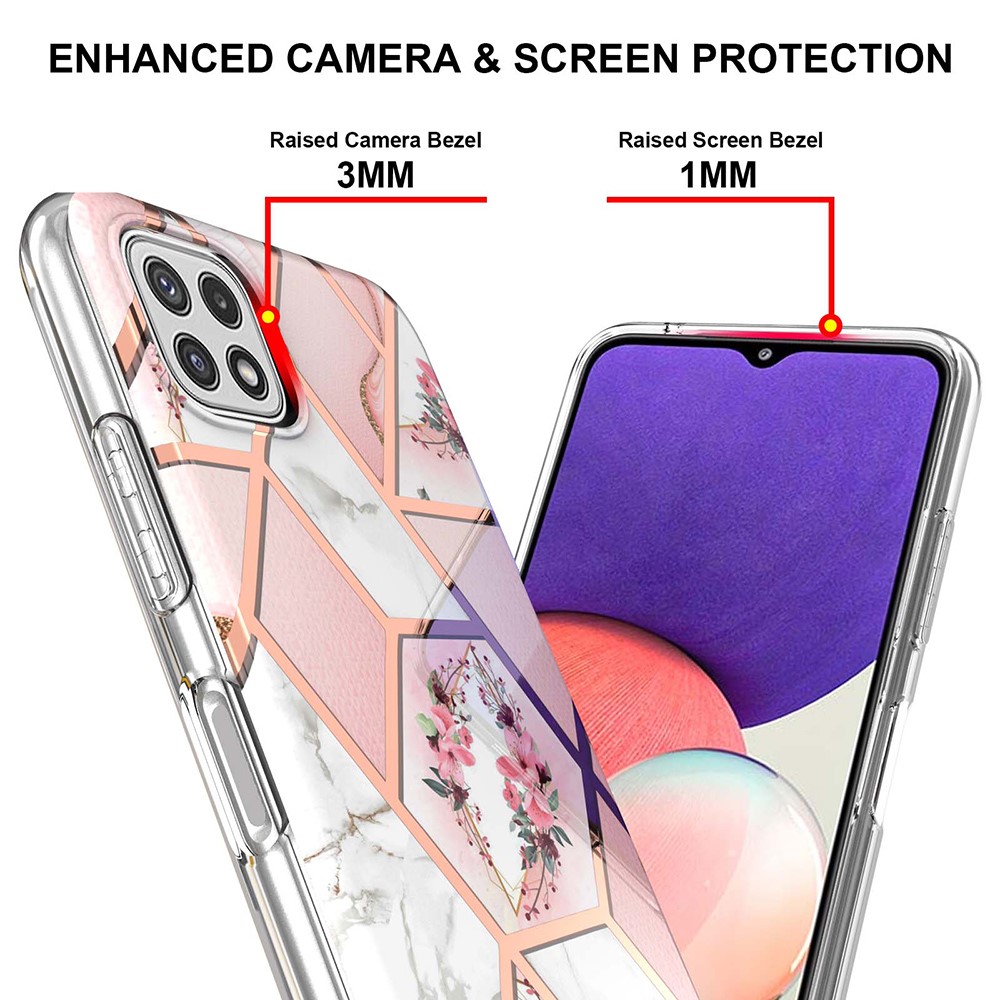 For Samsung Galaxy A22 5G (US Version) Flower Pattern Design 2.0mm IMD IML Electroplating Marble Soft TPU Phone Case - Pink Marble/Flower-2