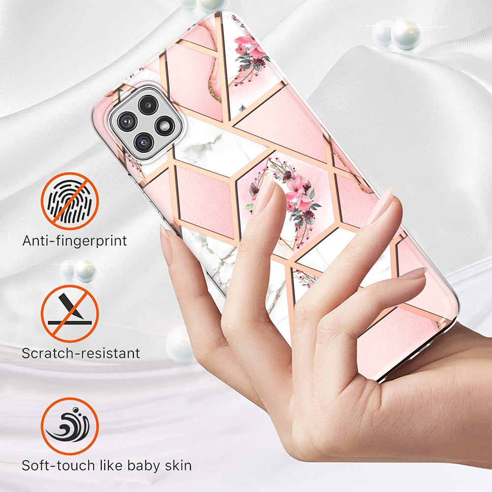 For Samsung Galaxy A22 5G (US Version) Flower Pattern Design 2.0mm IMD IML Electroplating Marble Soft TPU Phone Case - Pink Marble/Flower-3