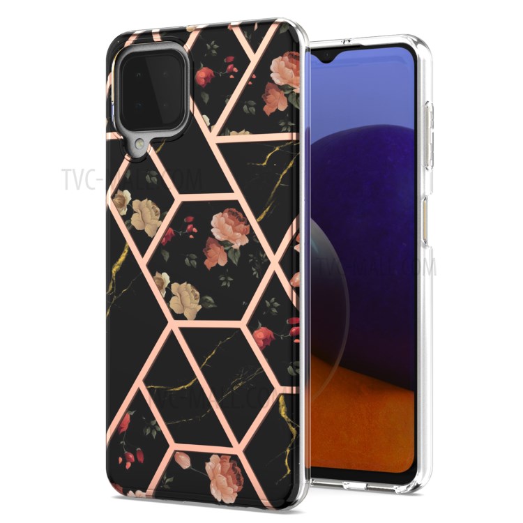 2.0mm IMD IML Marble Flower Pattern Electroplating Cell Phone Shell for Samsung Galaxy A22 4G (EU Version) - Black Marble/Flower-1