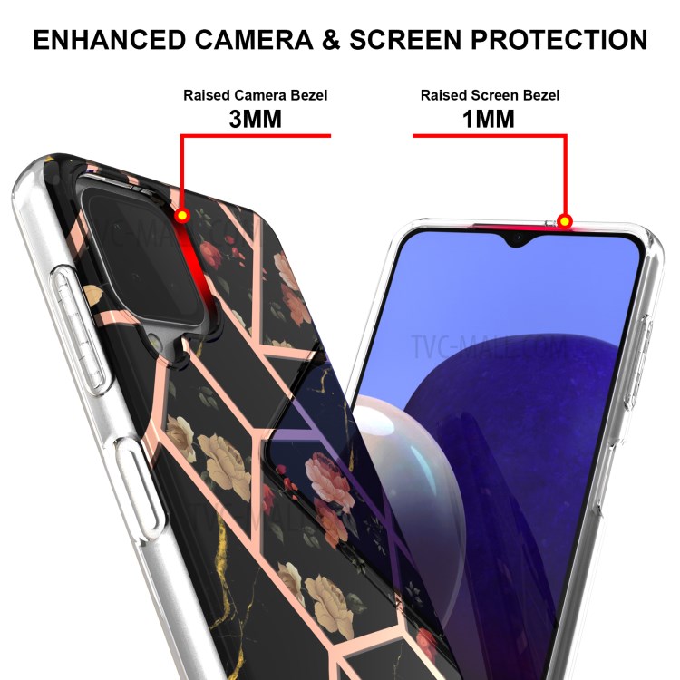 2.0mm IMD IML Marble Flower Pattern Electroplating Cell Phone Shell for Samsung Galaxy A22 4G (EU Version) - Black Marble/Flower-2