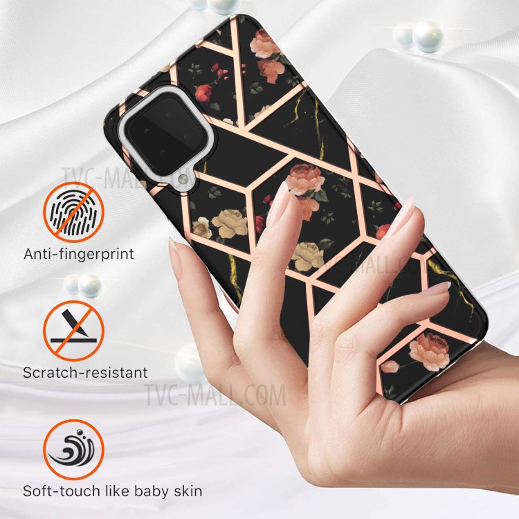 2.0mm IMD IML Marble Flower Pattern Electroplating Cell Phone Shell for Samsung Galaxy A22 4G (EU Version) - Black Marble/Flower-5