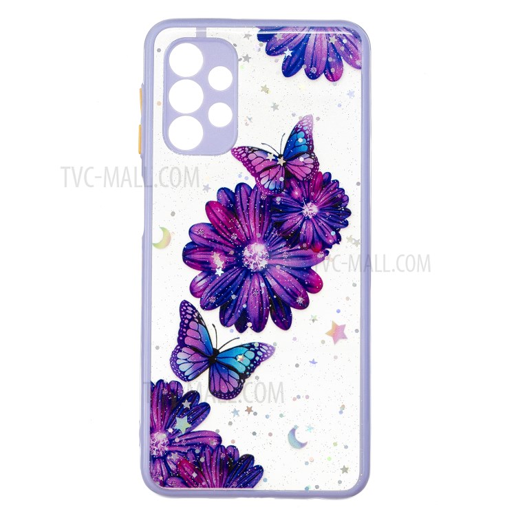 Pattern Printing Precise Cutout Dual Layer Hard Acrylic Back + Soft TPU Hybrid Case for Samsung Galaxy A32 5G - Purple Flower Butterfly-1