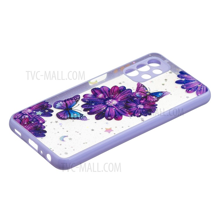 Pattern Printing Precise Cutout Dual Layer Hard Acrylic Back + Soft TPU Hybrid Case for Samsung Galaxy A32 5G - Purple Flower Butterfly-2