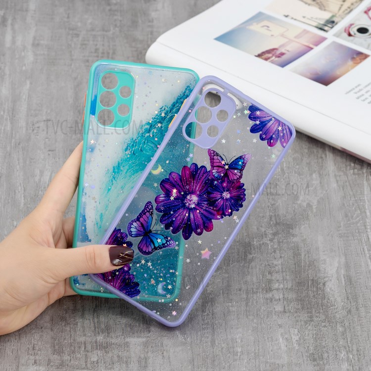 Pattern Printing Precise Cutout Dual Layer Hard Acrylic Back + Soft TPU Hybrid Case for Samsung Galaxy A32 5G - Purple Flower Butterfly-4