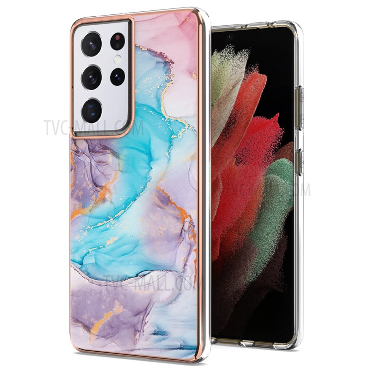 A Series Thin Soft TPU Electroplating Edge Anti-Scratch Shockproof Protective Case for Samsung Galaxy S21 Ultra 5G - Milky Way Marble Blue-1