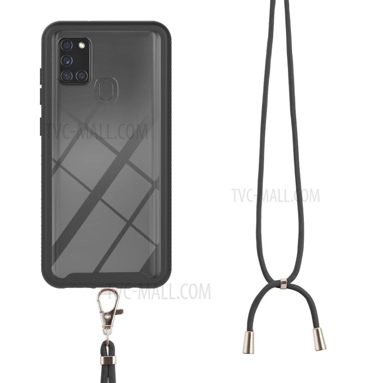 Anti-Lost Detachable Necklace Lanyard Design Hybrid Hard PC Soft TPU Bumper Drop Protective Case for Samsung Galaxy A21s - Black-1