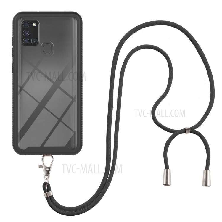 Anti-Lost Detachable Necklace Lanyard Design Hybrid Hard PC Soft TPU Bumper Drop Protective Case for Samsung Galaxy A21s - Black-2
