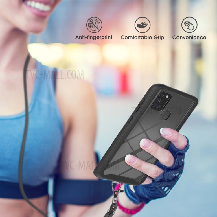 Anti-Lost Detachable Necklace Lanyard Design Hybrid Hard PC Soft TPU Bumper Drop Protective Case for Samsung Galaxy A21s - Black-3
