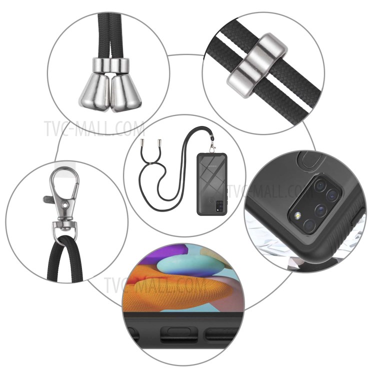 Anti-Lost Detachable Necklace Lanyard Design Hybrid Hard PC Soft TPU Bumper Drop Protective Case for Samsung Galaxy A21s - Black-5