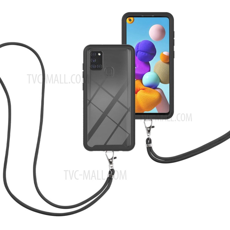 Anti-Lost Detachable Necklace Lanyard Design Hybrid Hard PC Soft TPU Bumper Drop Protective Case for Samsung Galaxy A21s - Black-6