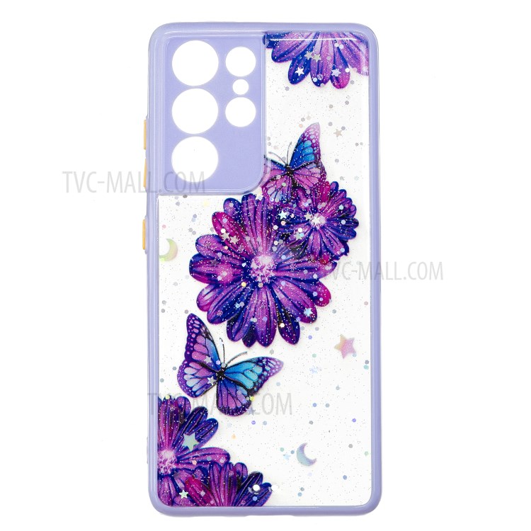 Pattern Printing Design Precise Cutout Slim Flexible TPU Bumper Hard Acrylic Back Cover Phone Case for Samsung Galaxy S21 Ultra 5G - Purple Flower Butterfly-1