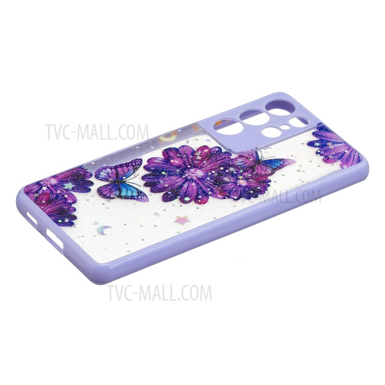 Pattern Printing Design Precise Cutout Slim Flexible TPU Bumper Hard Acrylic Back Cover Phone Case for Samsung Galaxy S21 Ultra 5G - Purple Flower Butterfly-2
