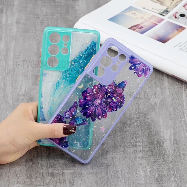 Pattern Printing Design Precise Cutout Slim Flexible TPU Bumper Hard Acrylic Back Cover Phone Case for Samsung Galaxy S21 Ultra 5G - Purple Flower Butterfly-3