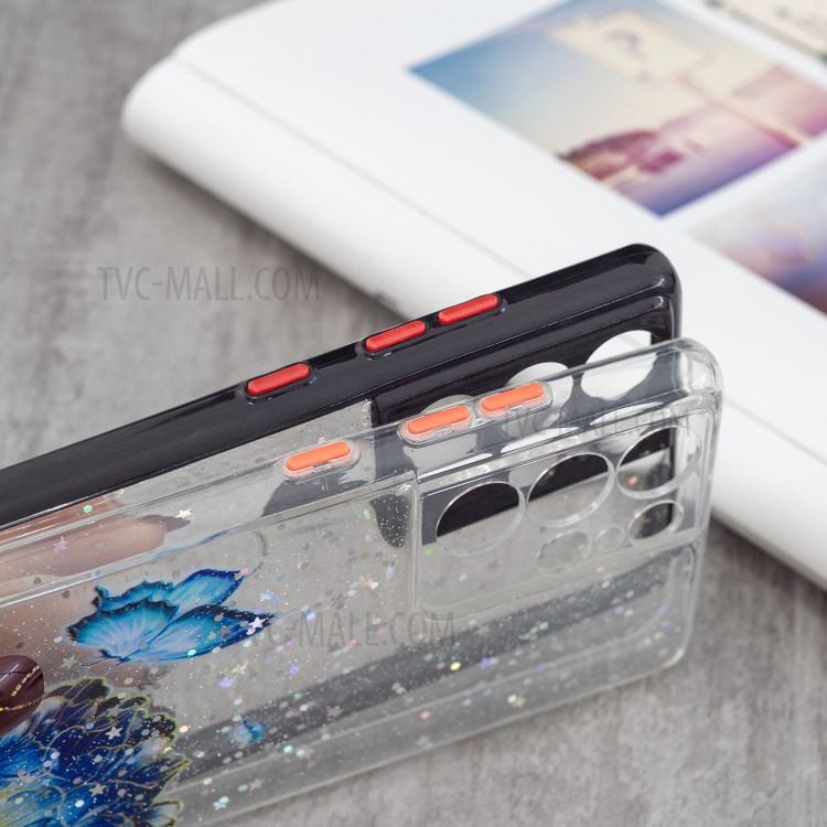 Pattern Printing Design Precise Cutout Slim Flexible TPU Bumper Hard Acrylic Back Cover Phone Case for Samsung Galaxy S21 Ultra 5G - Purple Flower Butterfly-4