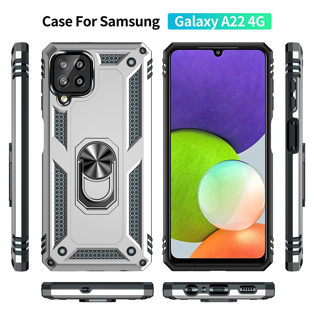 PC + TPU Combo Hybrid Phone Shell Drop-resistant Cover with Ring Kickstand for Samsung Galaxy A22 4G (EU Version) - Silver-8