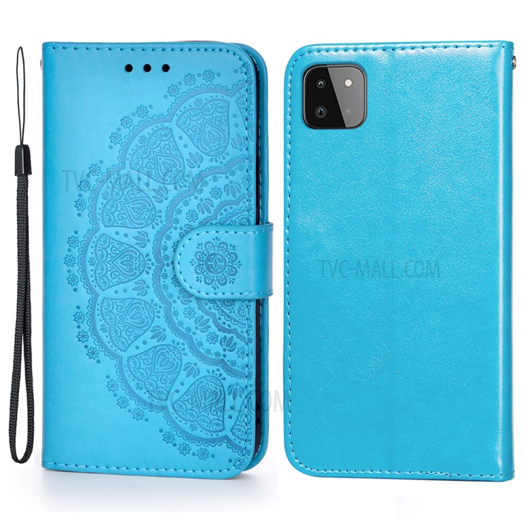 Folio Flip Stand Imprinted Mandala Flower Totem Pattern Shock Absorbent PU Leather Wallet Case for Samsung Galaxy A22 5G (EU Version) - Blue-1