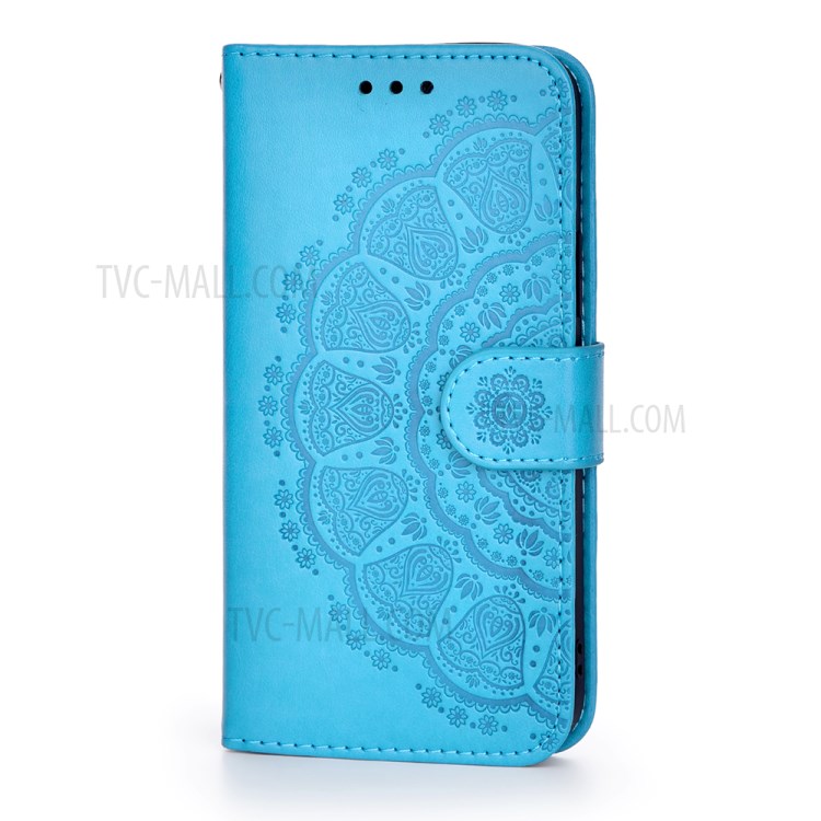 Folio Flip Stand Imprinted Mandala Flower Totem Pattern Shock Absorbent PU Leather Wallet Case for Samsung Galaxy A22 5G (EU Version) - Blue-3