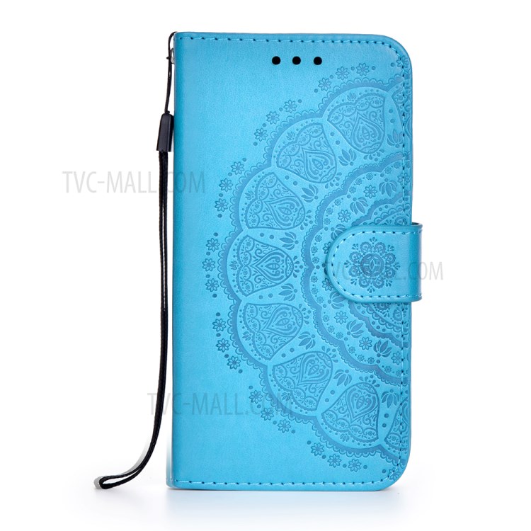 Folio Flip Stand Imprinted Mandala Flower Totem Pattern Shock Absorbent PU Leather Wallet Case for Samsung Galaxy A22 5G (EU Version) - Blue-4