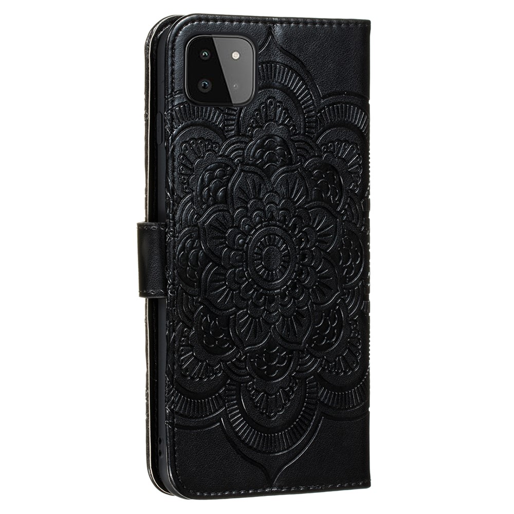 Imprint Henna Mandala Flower Pattern Stand Feature Shockproof PU Leather Case for Samsung Galaxy A22 5G (EU Version) - Black-4