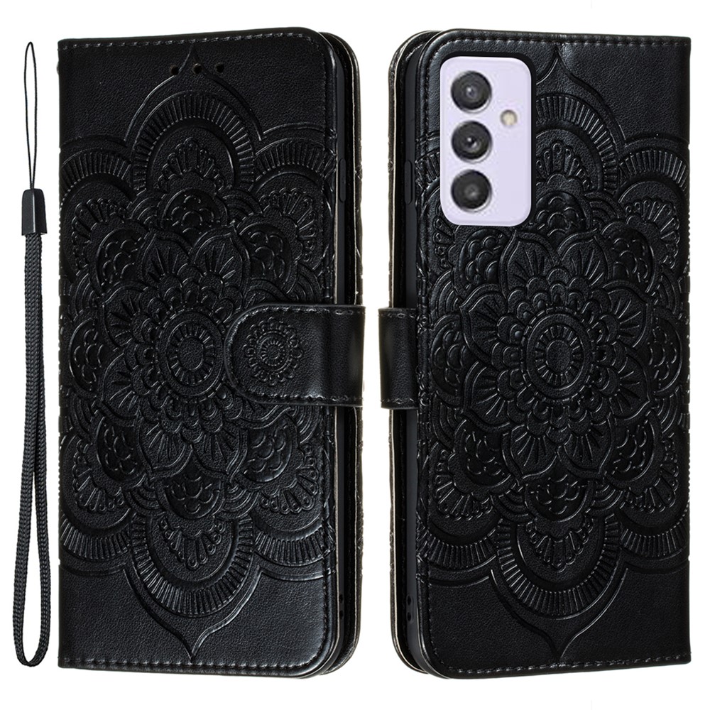 Slim Imprint Henna Mandala Flower Pattern Flip PU Leather Wallet Case with Magnetic Stand Samsung Galaxy A82 5G - Black-1