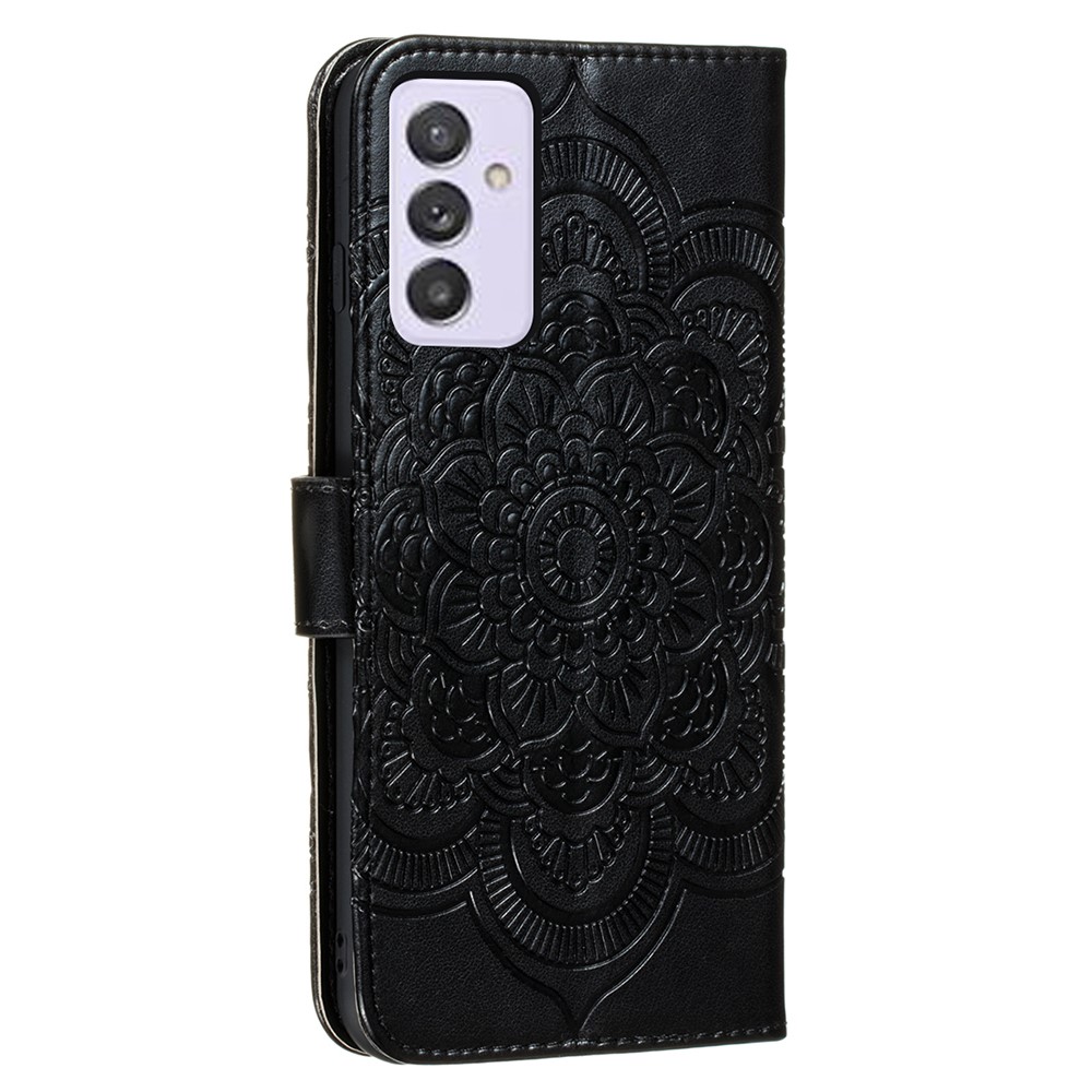 Slim Imprint Henna Mandala Flower Pattern Flip PU Leather Wallet Case with Magnetic Stand Samsung Galaxy A82 5G - Black-4