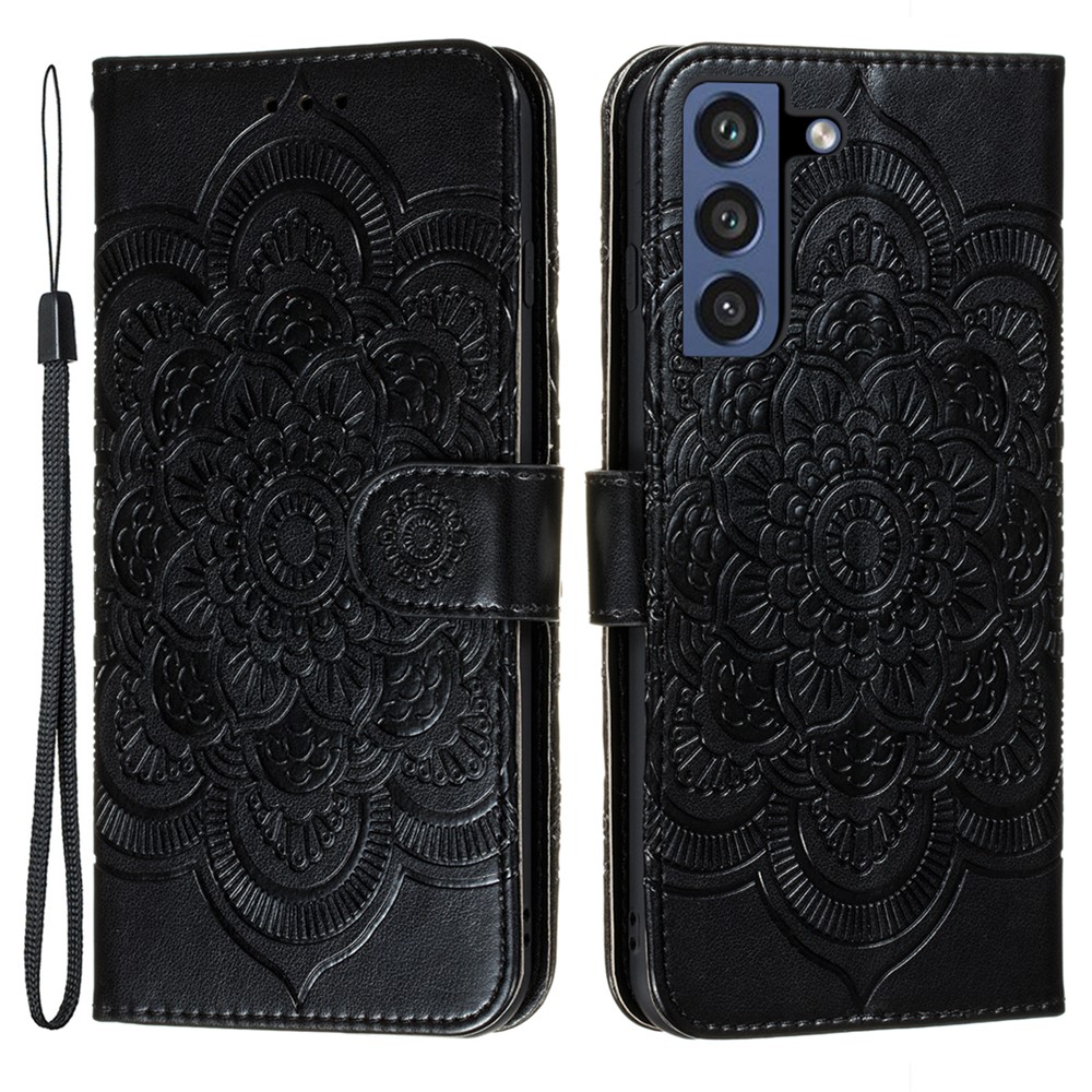 Imprint Henna Mandala Flower Pattern Lanyard Protective Soft PU Leather Cover Case for Samsung Galaxy S21 FE - Black-1