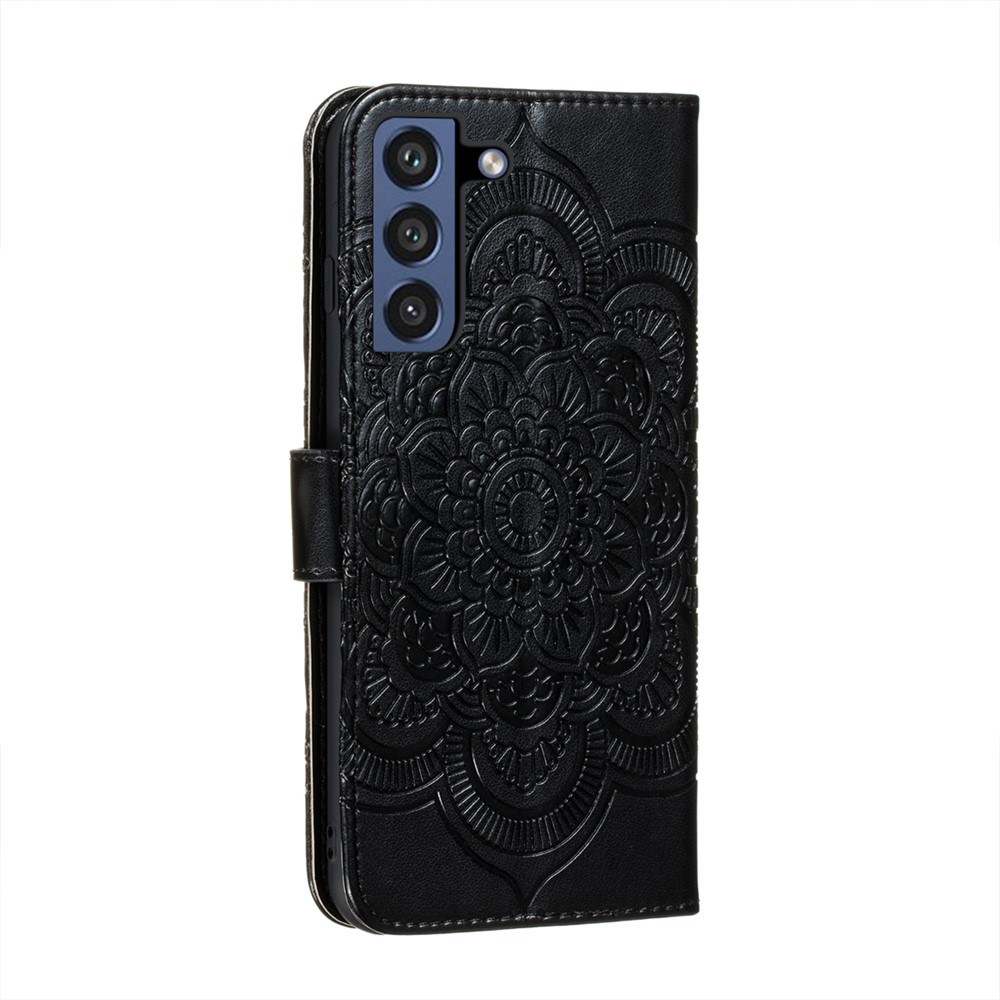 Imprint Henna Mandala Flower Pattern Lanyard Protective Soft PU Leather Cover Case for Samsung Galaxy S21 FE - Black-4