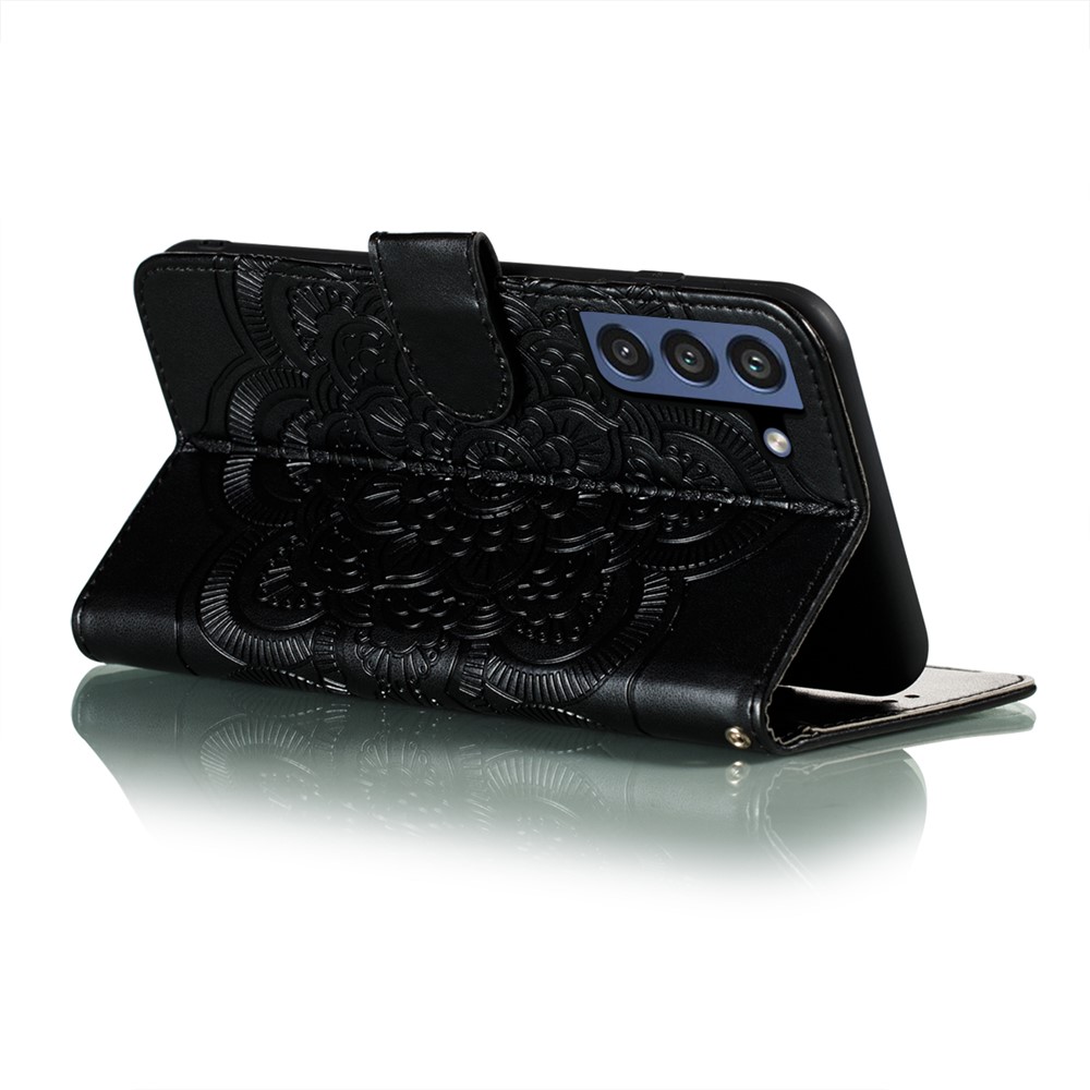 Imprint Henna Mandala Flower Pattern Lanyard Protective Soft PU Leather Cover Case for Samsung Galaxy S21 FE - Black-5