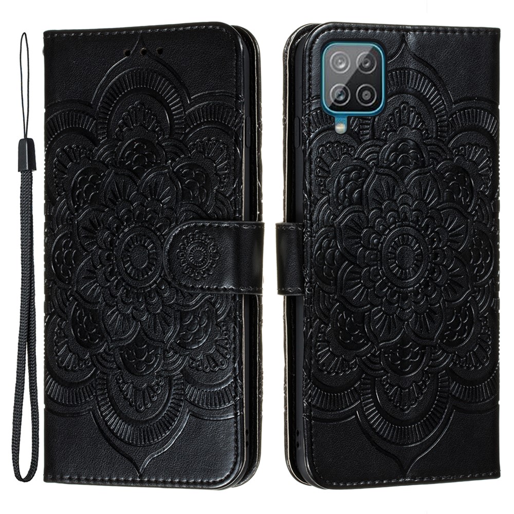 Elegant Floral Henna Mandala Flower Pattern Stand Feature Protective PU Leather Case for Samsung Galaxy A22 4G (EU Version) - Black-1