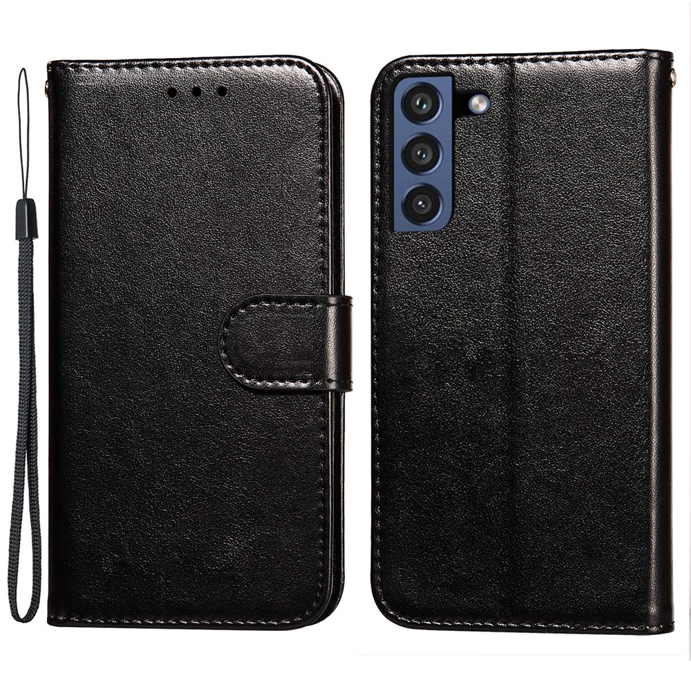 Solid Color Magnetic Clasp All-round Leather Stand Wallet Phone Case for Samsung Galaxy S21 FE - Black-1