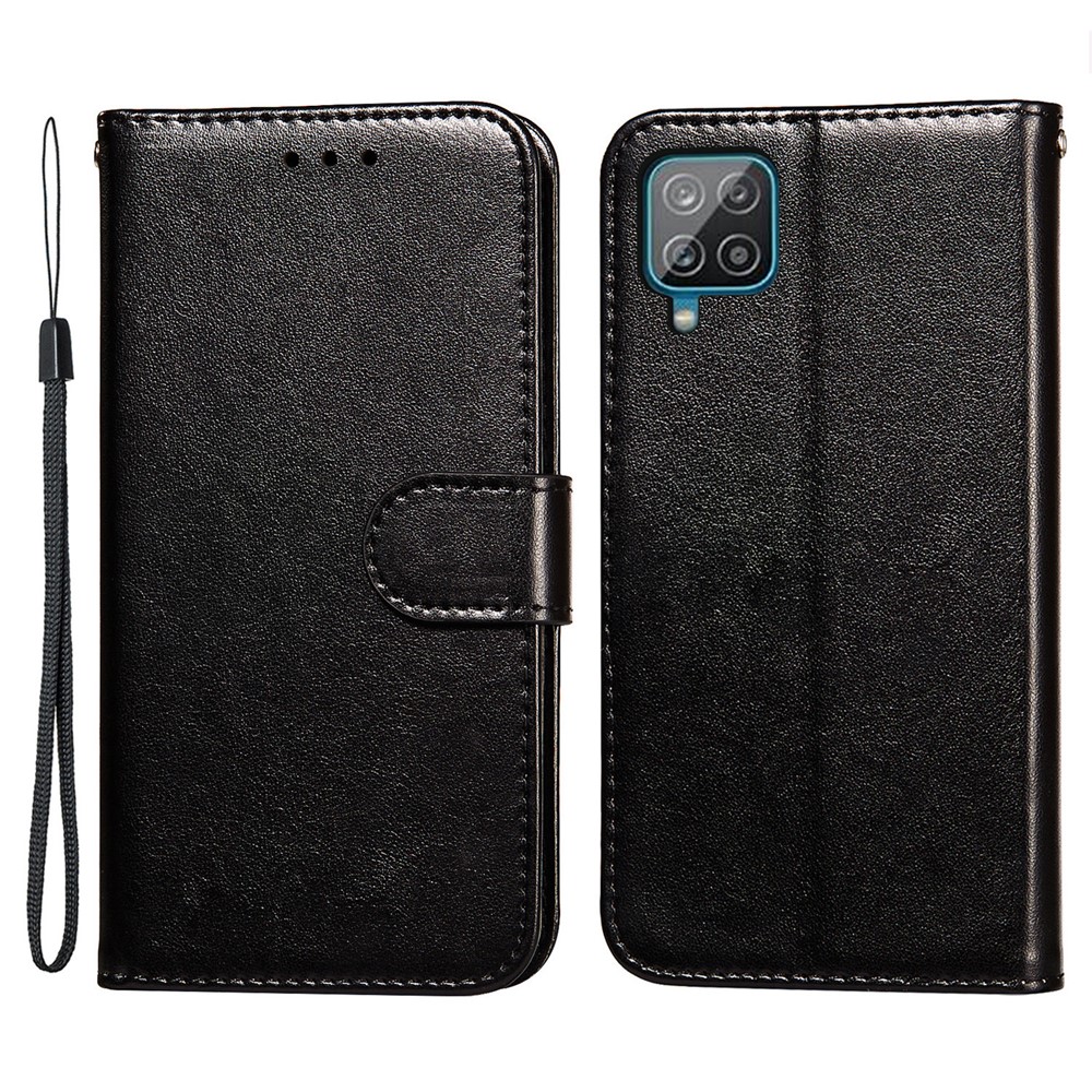 Magnetic Clasp Solid Color Leather Stand Case Wallet Phone Cover with Strap for Samsung Galaxy A22 4G (EU Version) - Black-1