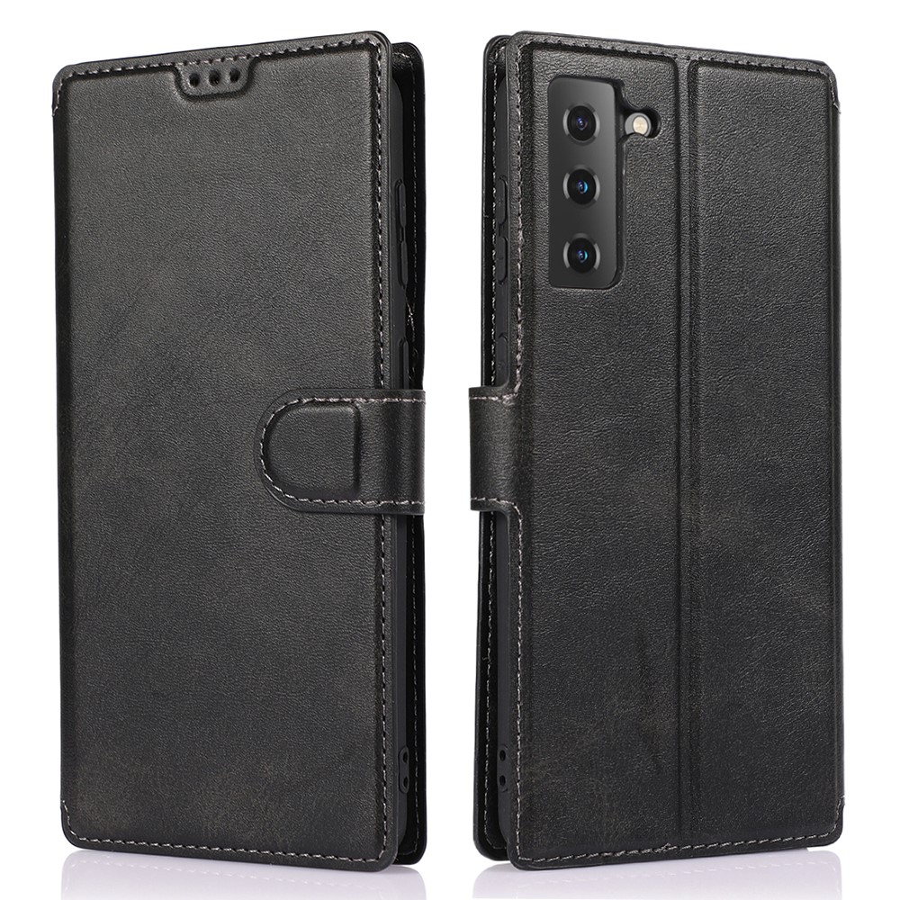 Leather Stand Wallet Cover Protective Cell Phone Case Shell for Samsung Galaxy S21+ 5G - Black-1