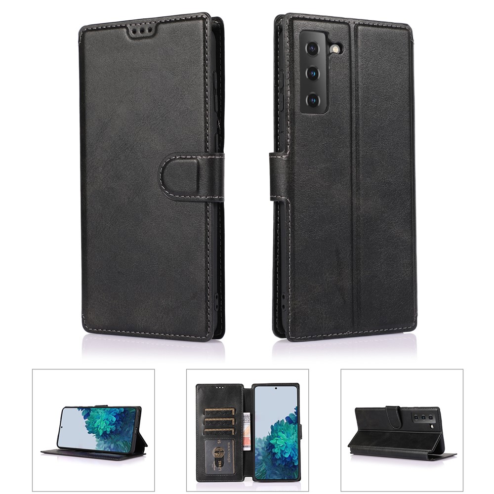 Leather Stand Wallet Cover Protective Cell Phone Case Shell for Samsung Galaxy S21+ 5G - Black-12