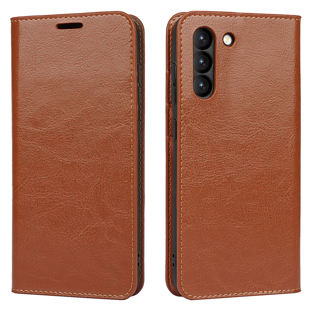 Crazy Horse Genuine Leather Protective Wallet Phone Case with Stand for Samsung Galaxy S21 FE - Brown-1