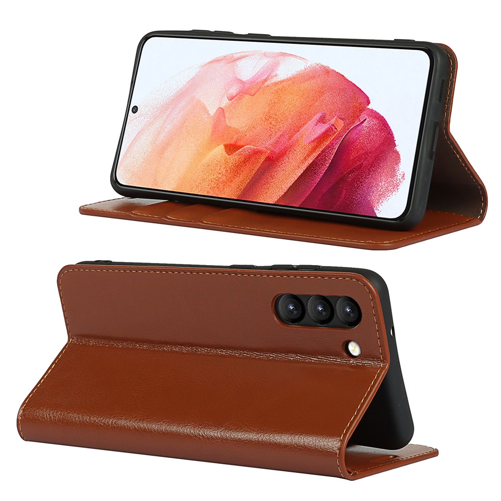 Crazy Horse Genuine Leather Protective Wallet Phone Case with Stand for Samsung Galaxy S21 FE - Brown-2