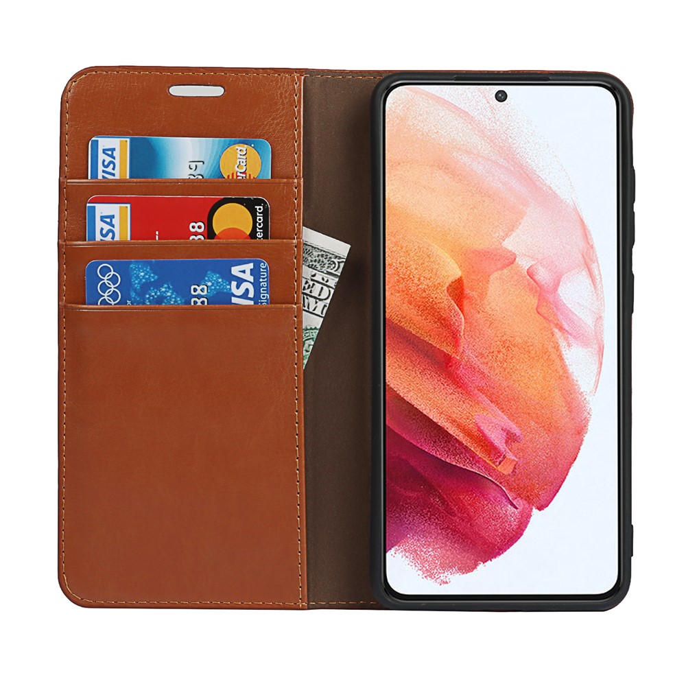 Crazy Horse Genuine Leather Protective Wallet Phone Case with Stand for Samsung Galaxy S21 FE - Brown-3