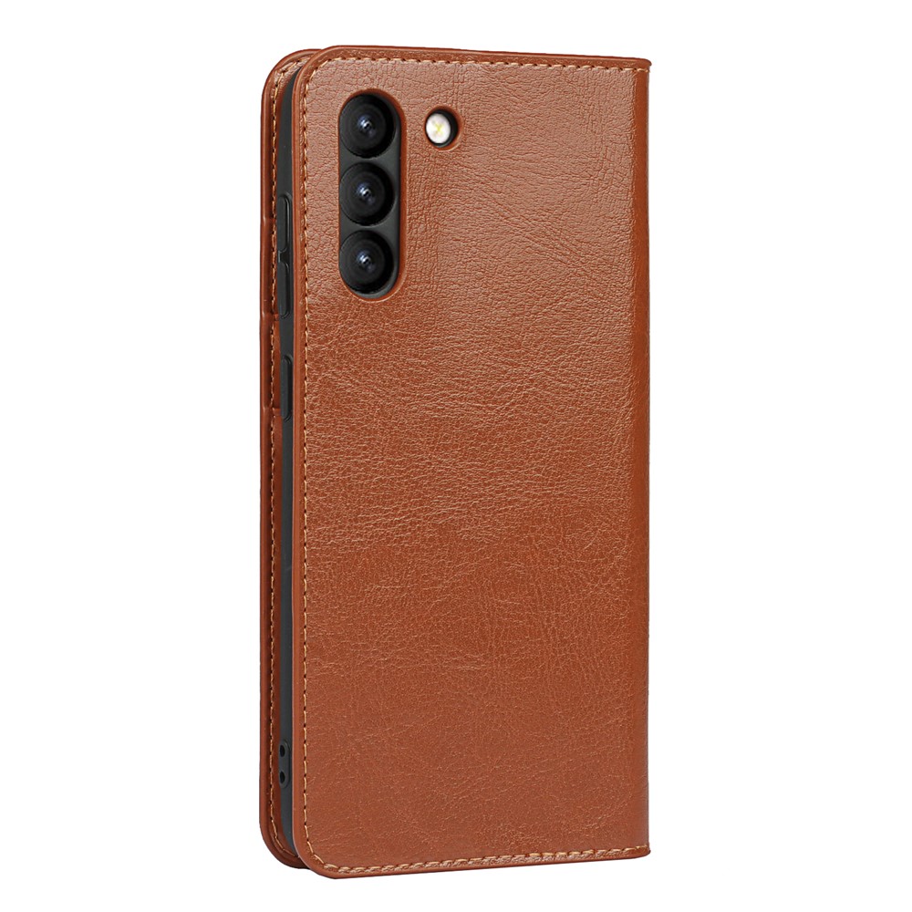 Crazy Horse Genuine Leather Protective Wallet Phone Case with Stand for Samsung Galaxy S21 FE - Brown-5
