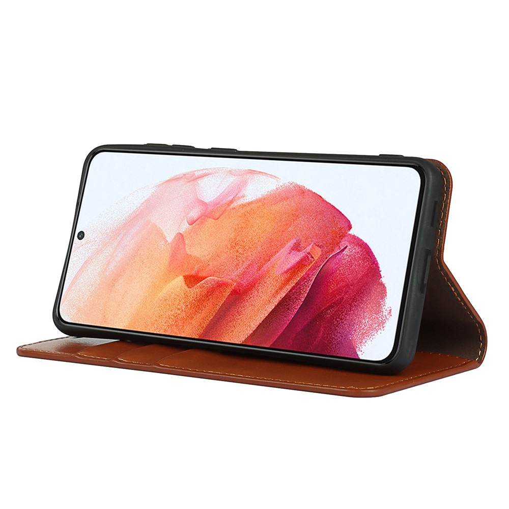 Crazy Horse Genuine Leather Protective Wallet Phone Case with Stand for Samsung Galaxy S21 FE - Brown-7