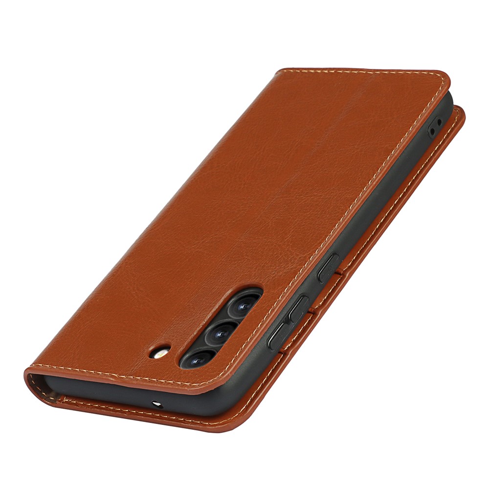 Crazy Horse Genuine Leather Protective Wallet Phone Case with Stand for Samsung Galaxy S21 FE - Brown-9