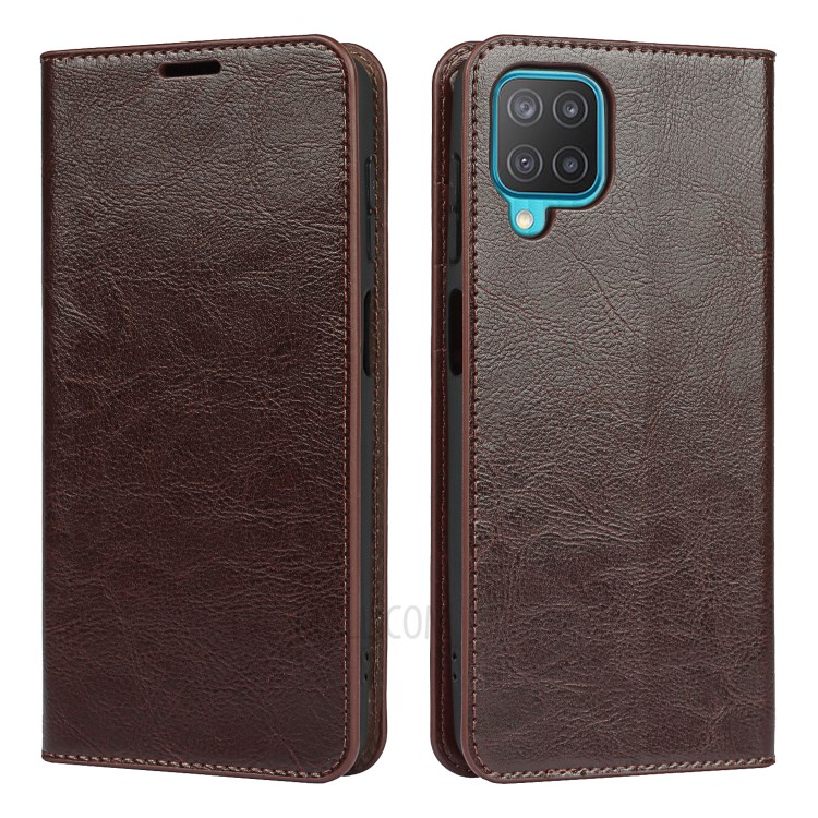 Crazy Horse Texture Genuine Leather Stand Design Wallet Protective Shell for Samsung Galaxy M12 - Coffee-1