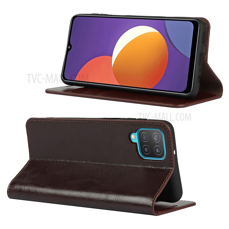 Crazy Horse Texture Genuine Leather Stand Design Wallet Protective Shell for Samsung Galaxy M12 - Coffee-2