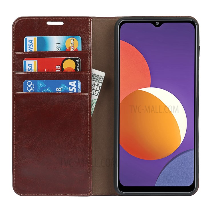 Crazy Horse Texture Genuine Leather Stand Design Wallet Protective Shell for Samsung Galaxy M12 - Coffee-3