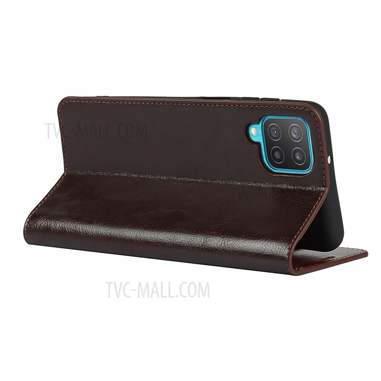 Crazy Horse Texture Genuine Leather Stand Design Wallet Protective Shell for Samsung Galaxy M12 - Coffee-6